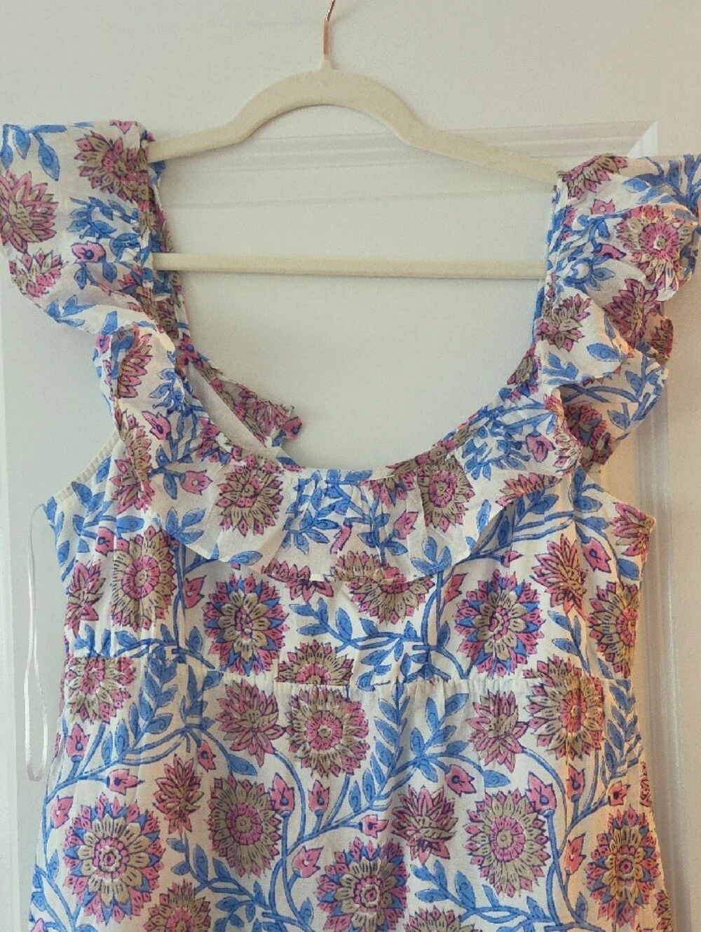Floral Ruffle-Trim Sleeveless Summer Dress - Blue & Pink